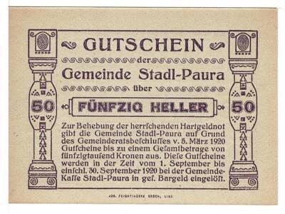 Avusturya 50 Heller 1920 ÇİL *Stadl - Paura* YKP5809 - 2