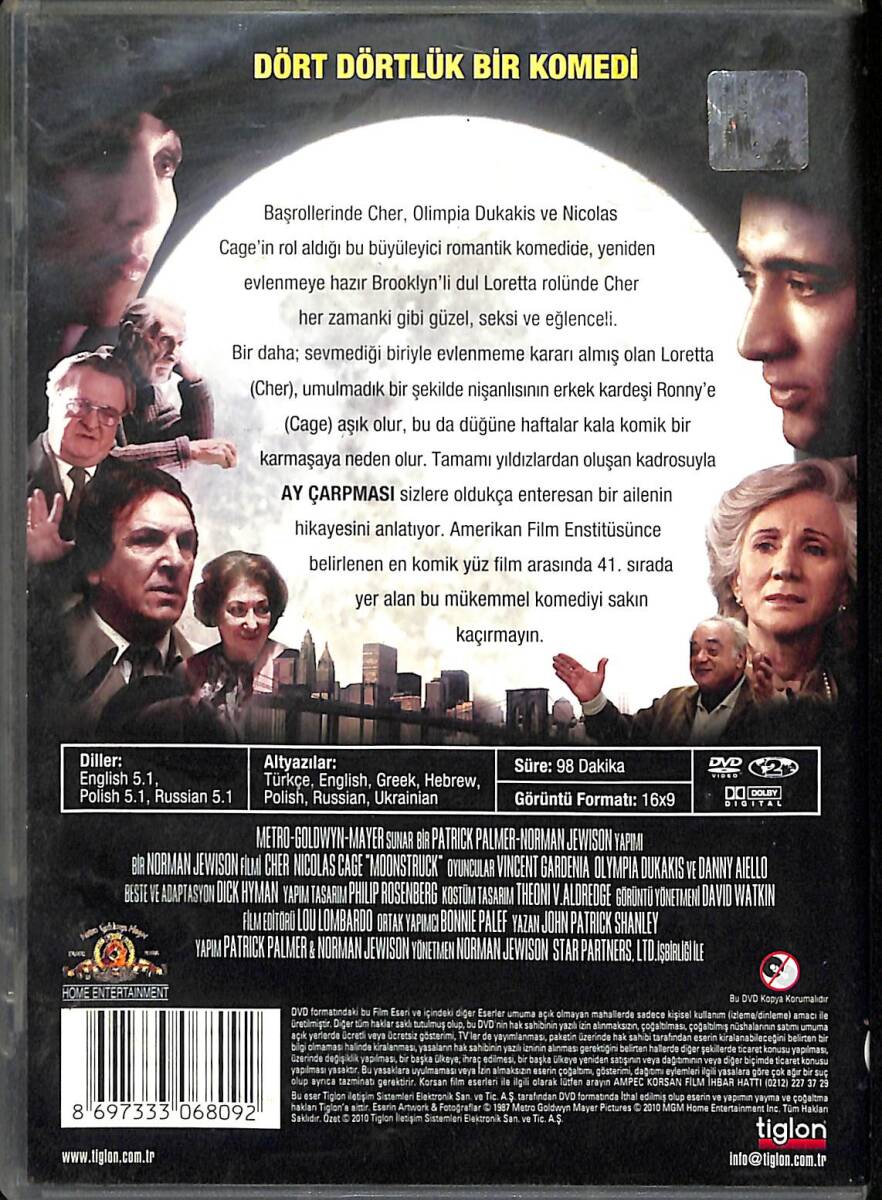 Ay Çarpması (Moonstruck) – Orijinal DVD (İkinci El) * Cher, Nicolas Cage, Olympia Dukakis - 1987 - 3 Oscar Ödüllü Klasik Romantik Komedi * DVD2931 - 2
