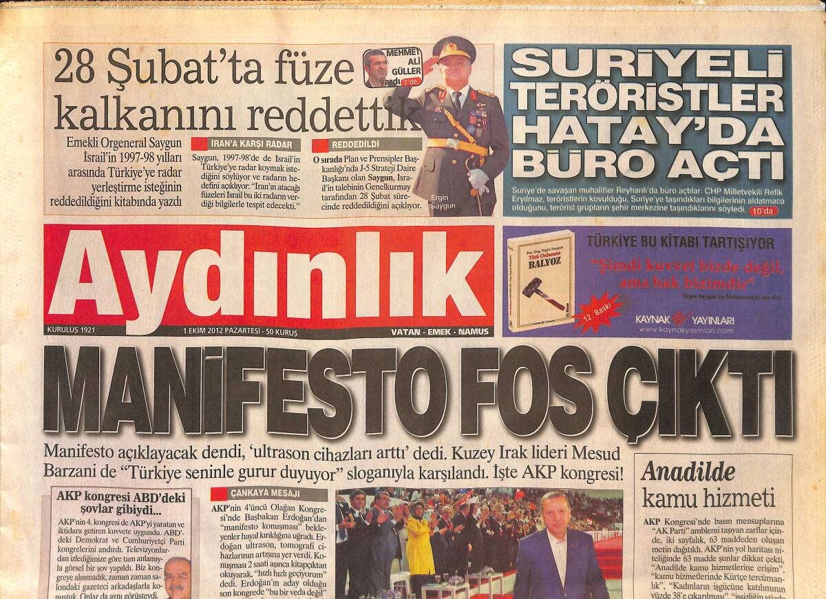 Aydınlık Gazetesi 1 Ekim 2012 - Manifesto Fos Çıktı - Galataray'a Tecrübesiz Hakem - Biri CHP'LİLERİ Gözetliyor! GZ136634 - 1