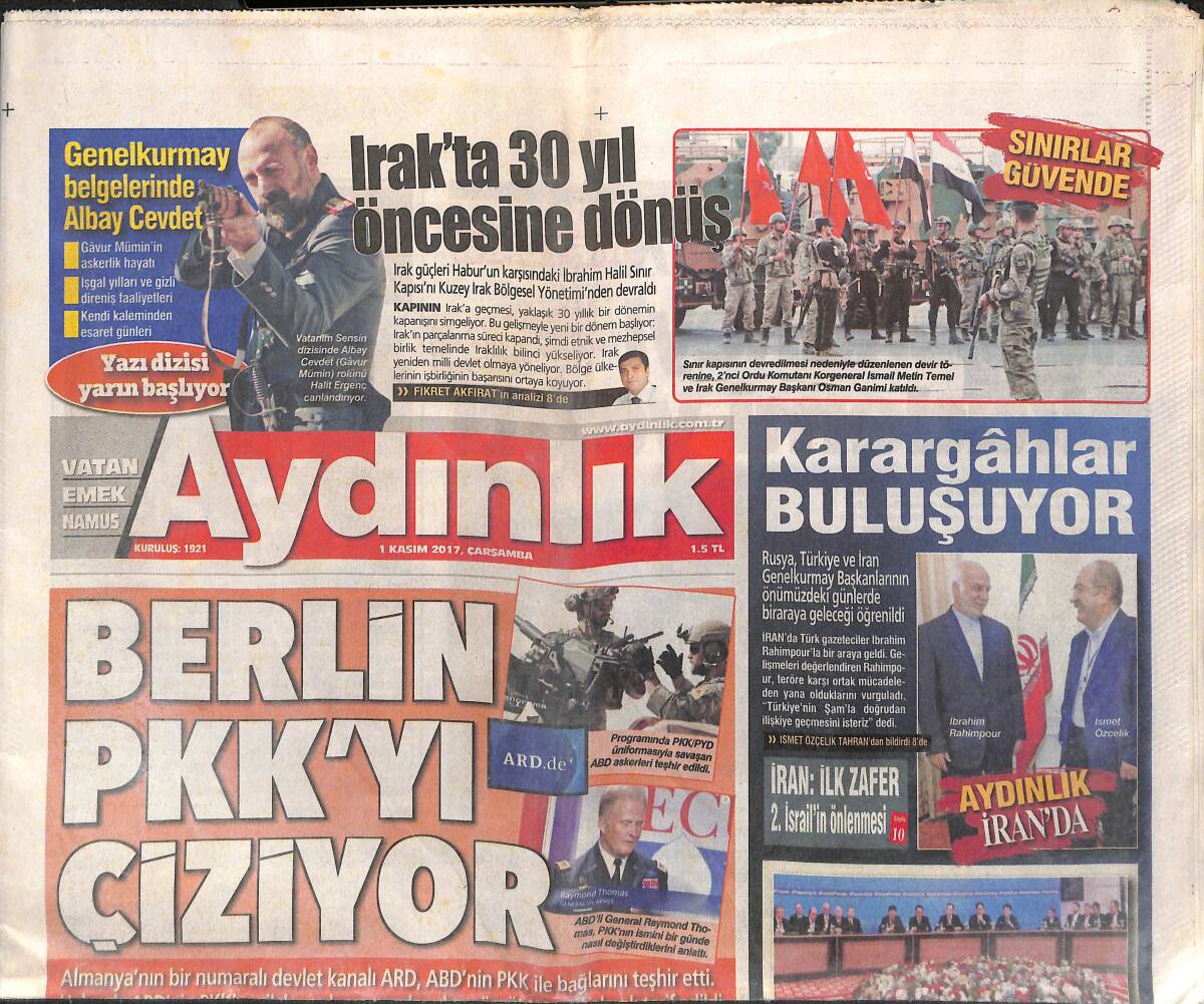 Aydınlık Gazetesi 1 Kasım 2017 - Belin PKK'yı Çiziyor - ABD'nin Türkiye'de 50 Nükleer Silahı Var GZ135448 - 1
