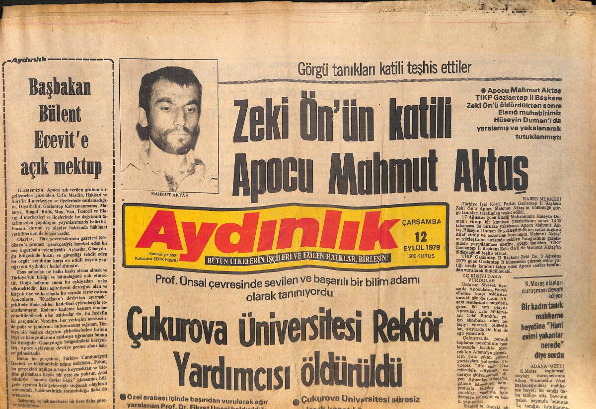 Aydınlık Gazetesi 12 Eylül 1979 - Zeki Ön'ün Katili Apocu Mahmut Aktaş - Başbakan Bülent Ecevit'e Açık Mektup GZ132499 - 1