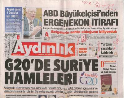 Aydınlık Gazetesi 12 Kasım 2015 - Tuba Büyüküstüne Ödül Niçin ? - ABD Büyükelçisinden Ergenekon İtirafı GZ94662 - 1