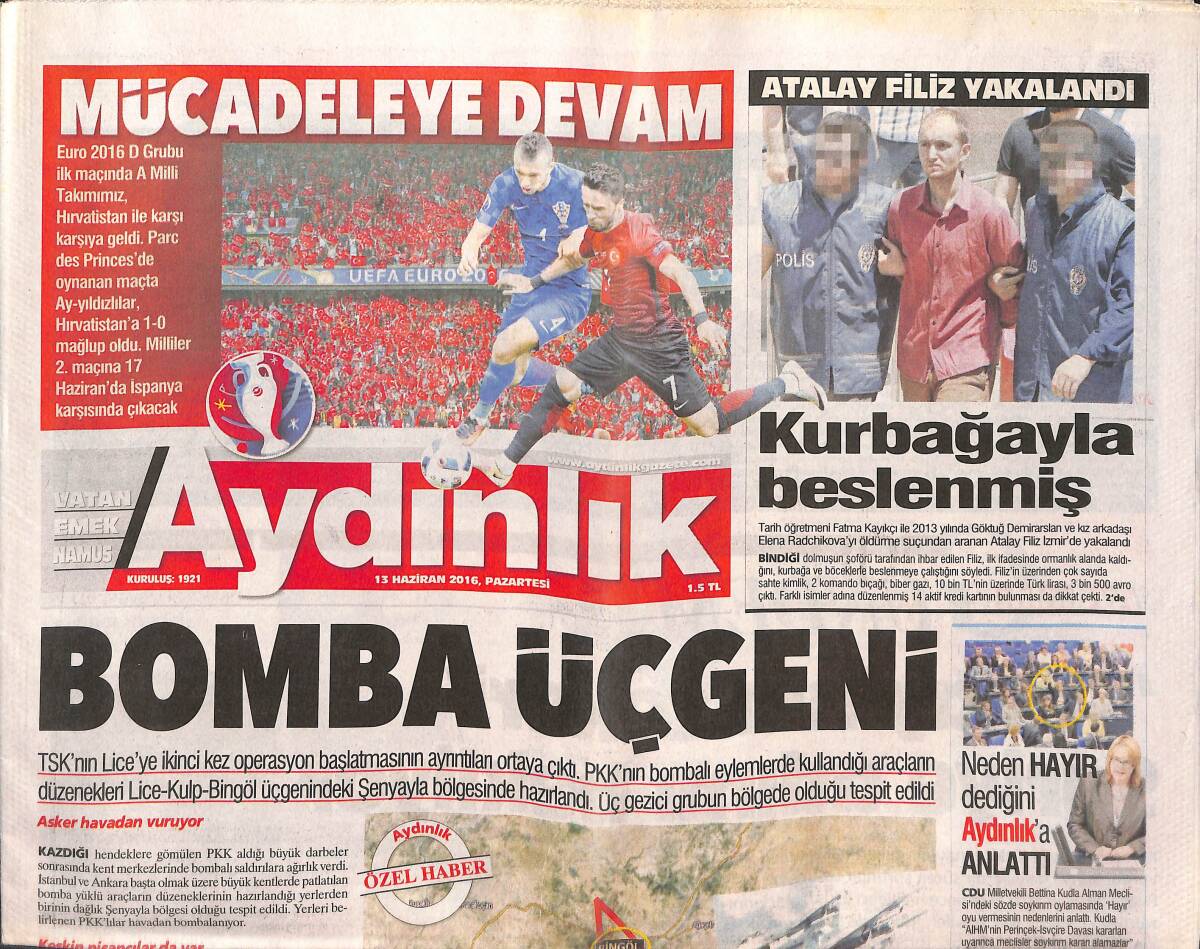 Aydınlık Gazetesi 13 Haziran 2016 - Atalay Filiz Yakalandı - Mehmet Topal Yuvada Kaldı GZ135443 - 1