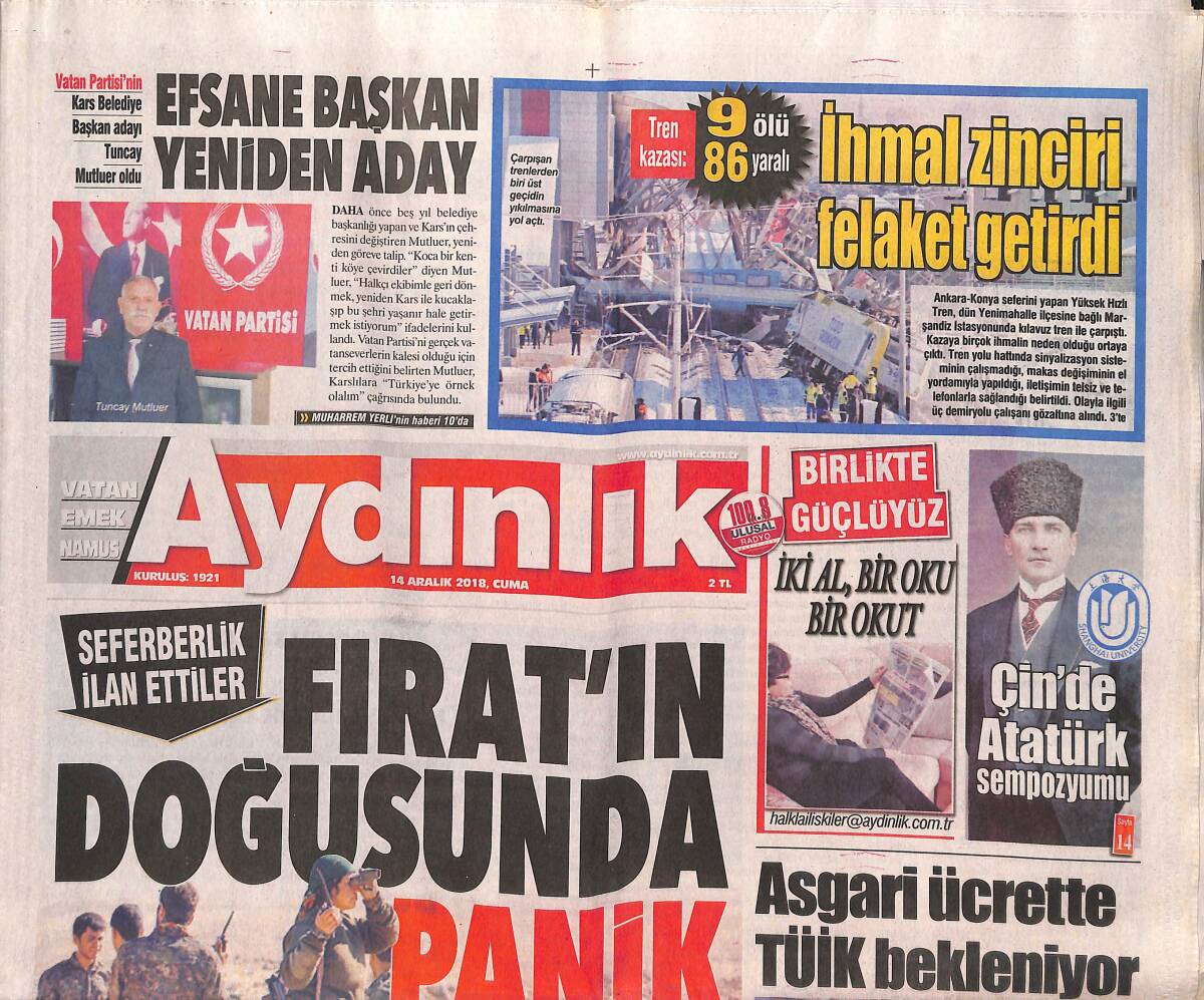 Aydınlık Gazetesi 14 Aralık 2018 - Şenol Güneş'in İzinde - Fırat'ın Doğusunda Panik GZ135294 - 1