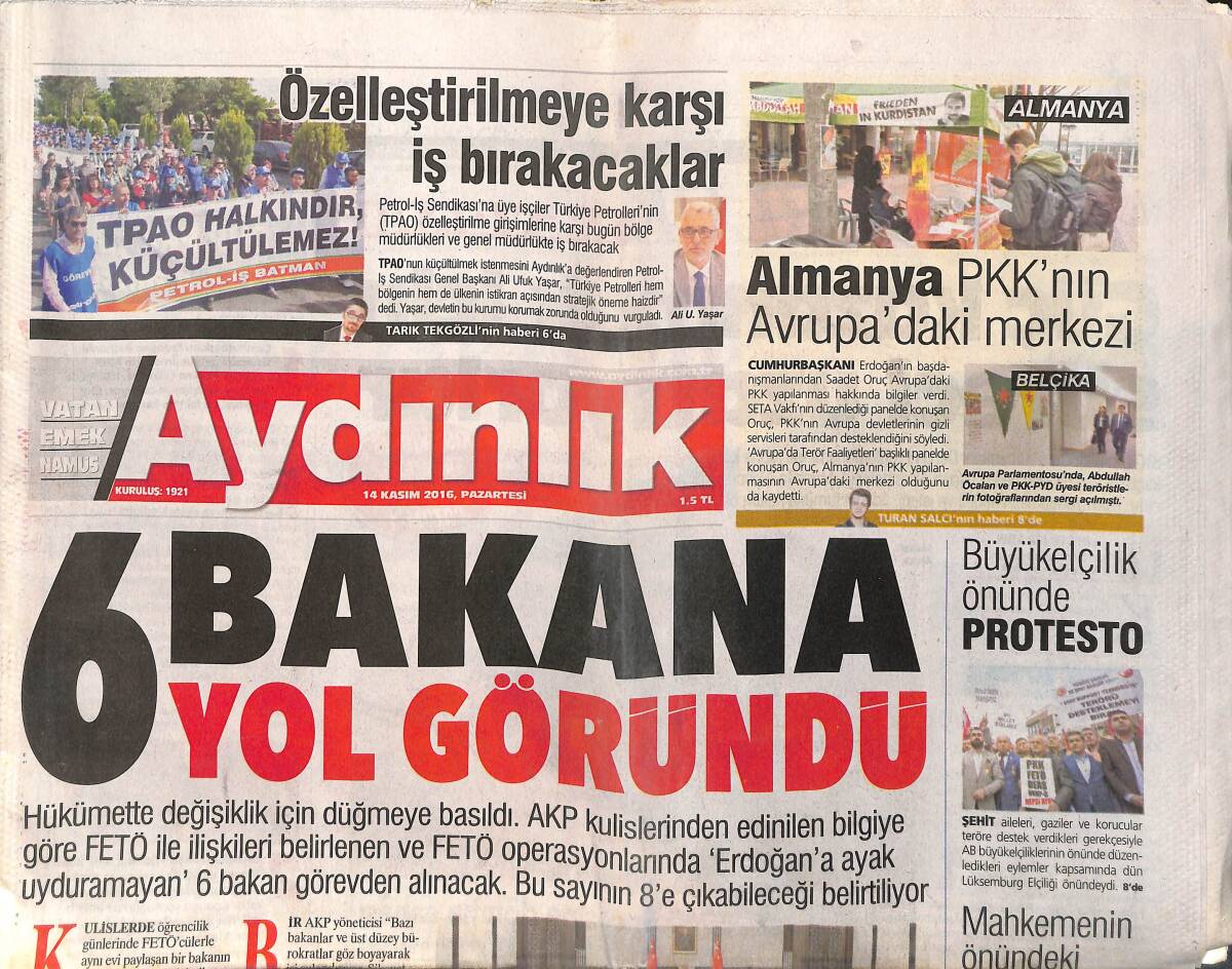 Aydınlık Gazetesi 14 Kasım 2016 - 6 Bakana Yol Göründü - Aslan'da Muslera Endişesi GZ135463 - 1