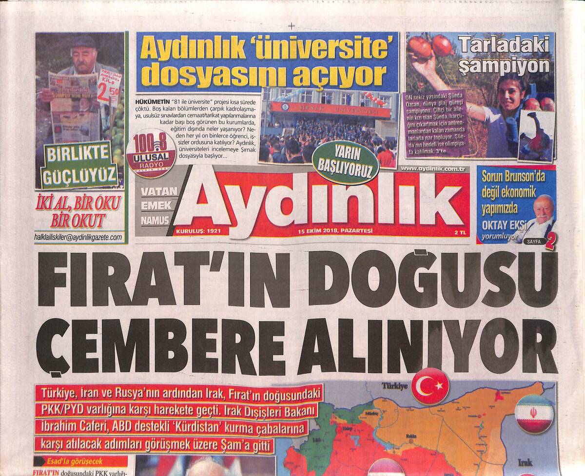 Aydınlık Gazetesi 15 Ekim 2018 - Fırat'ın Doğusu Çembere Alınıyor - Kamu Çalışanları Borç Batağında GZ135342 - 1