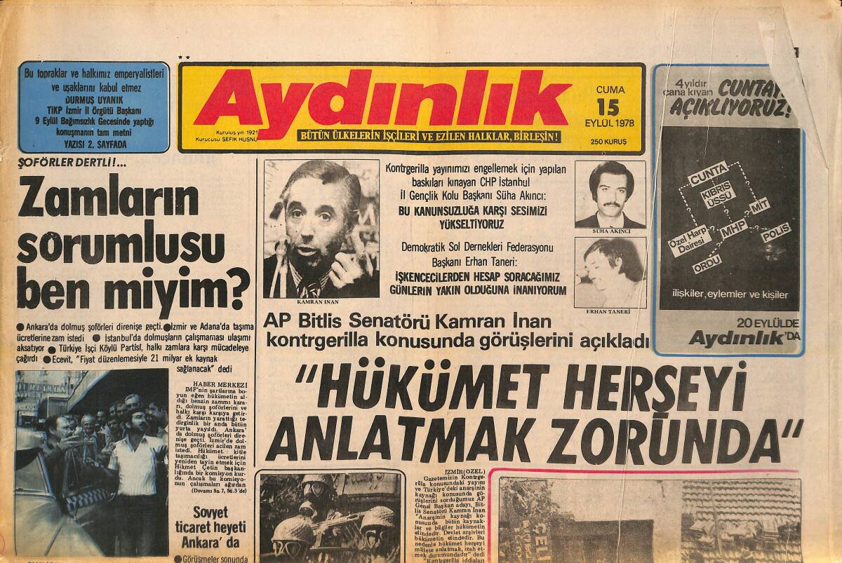 Aydınlık Gazetesi 15 Eylül 1978 - Hükümet Herşeyi Anlatmak Zorunda - Elazığ'da Komandolar Bir Kişiyi Daha Katletti GZ138274 - 1