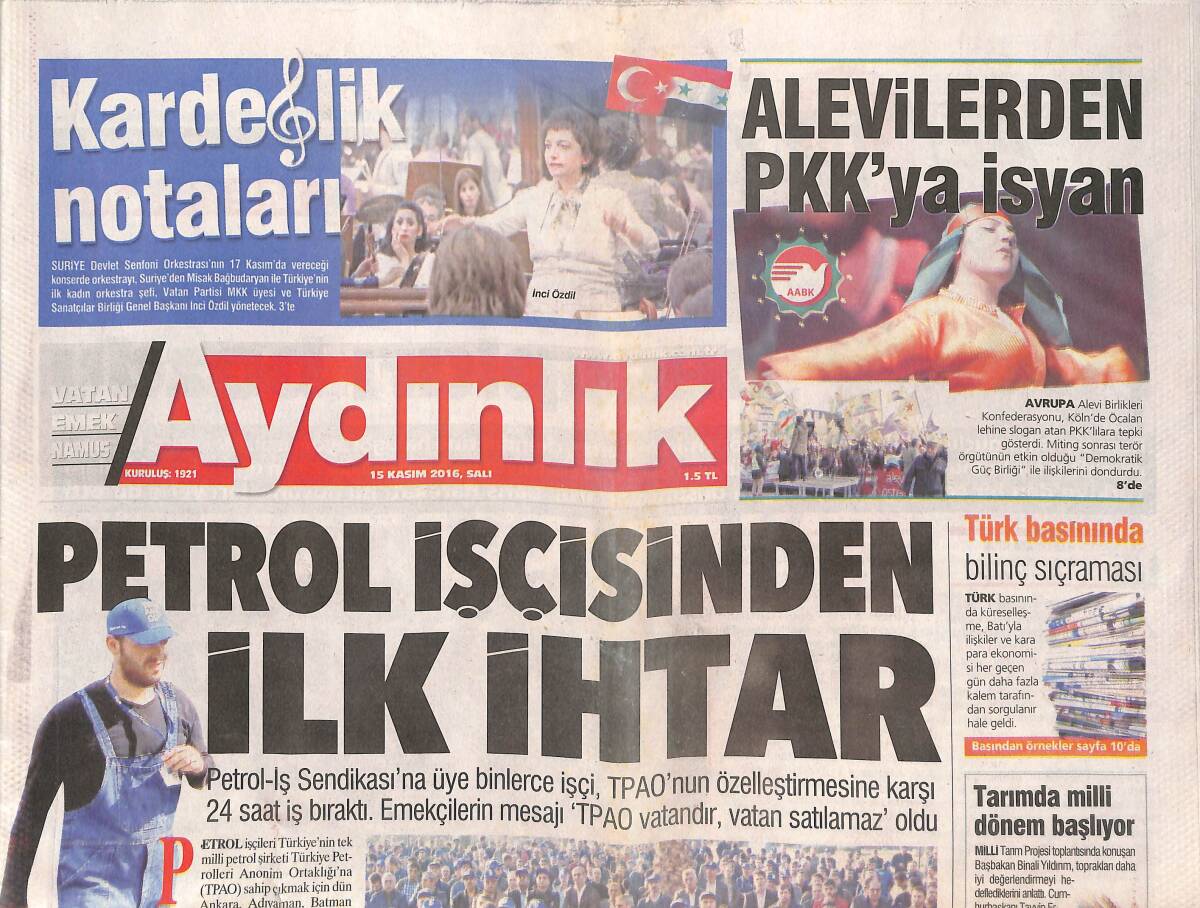 Aydınlık Gazetesi 15 Kasım 2016 - Alevilerden PKK'ya İsyan - Tarımda Yeni Dönem GZ135462 - 1