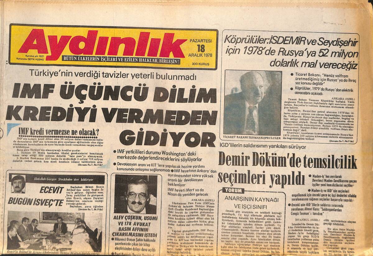 Aydınlık Gazetesi 18 Aralık 1978 - Demir Döküm'de Temsilcilik Seçimleri Yapıldı - Yürüyüş Dergisini İddialarını İspata Çağırıyoruz GZ138271 - 1
