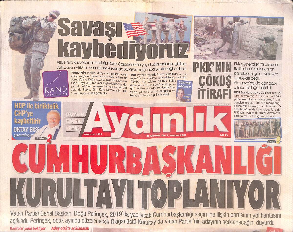 Aydınlık Gazetesi 18 Aralık 2017 - PKK'nın Çöküş İtirafı - Lebron'dan Cedi'ye Övgü GZ135416 - 1