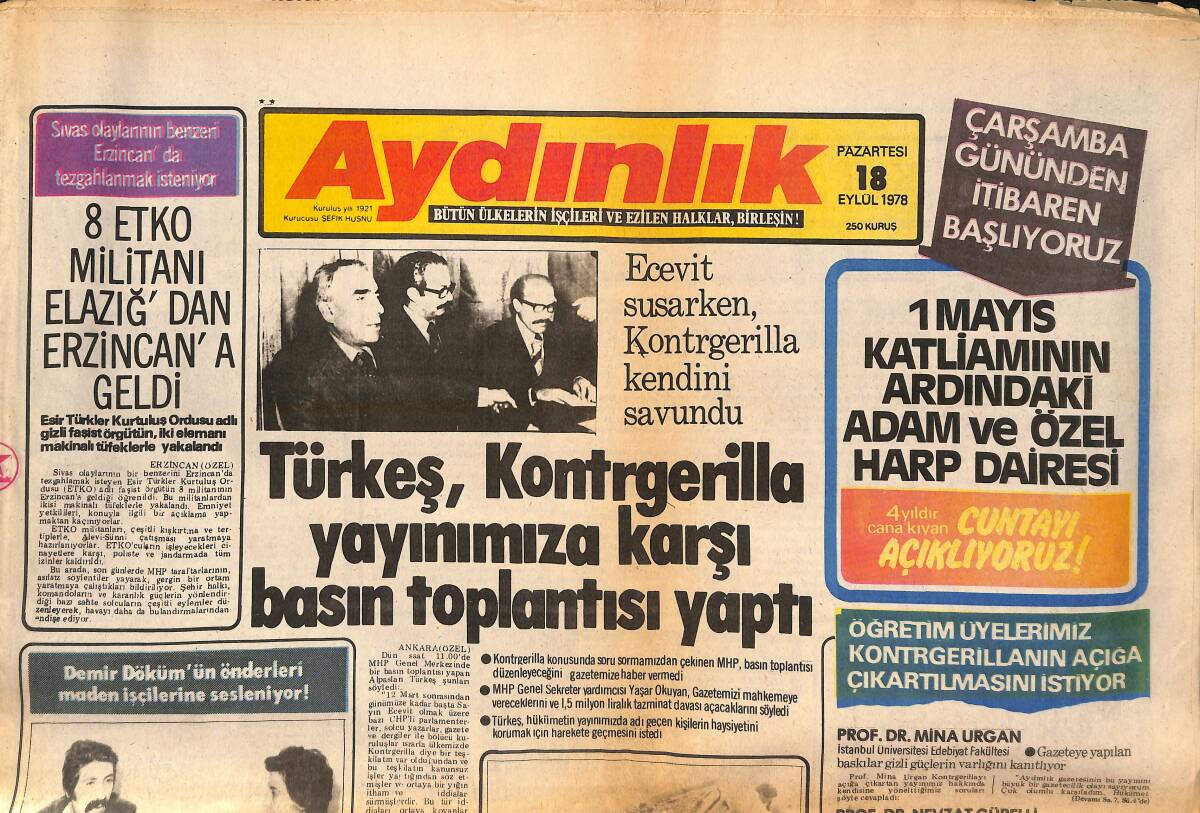 Aydınlık Gazetesi 18 Eylül 1978 - Türkeş, Kontrgerilla Yayınımıza Karşı Basın Toplantısı Yaptı - Maden-İş Artık Ölmüştür! GZ138631 - 1