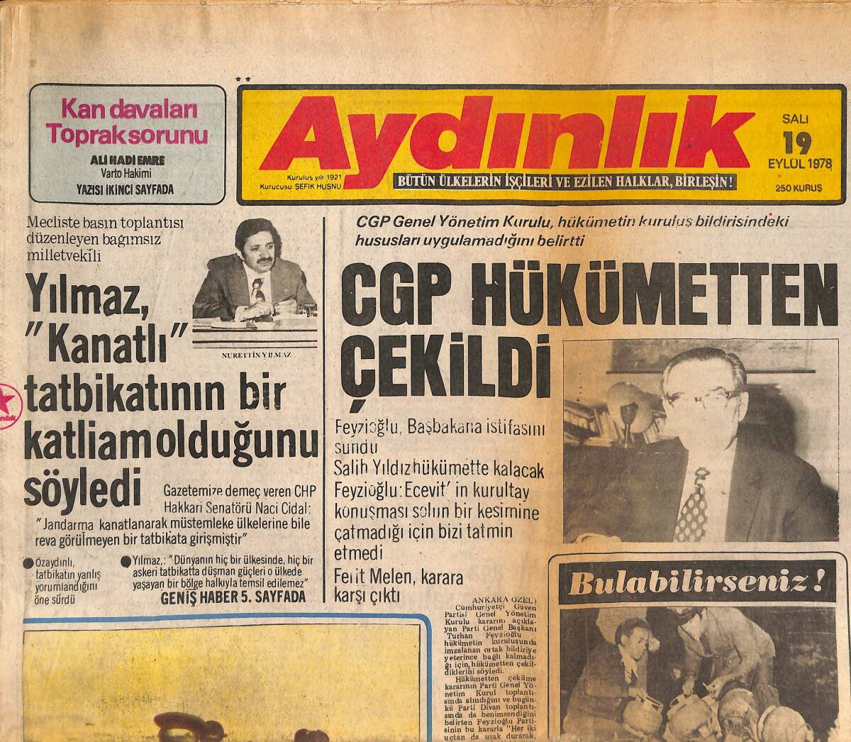 Aydınlık Gazetesi 19 Eylül 1978 - CGP Hükümetten Çekildi - Yılmaz Kanatlı Tatbikatının Bir Katliam Olduğunu Söyledi! GZ138634 - 1