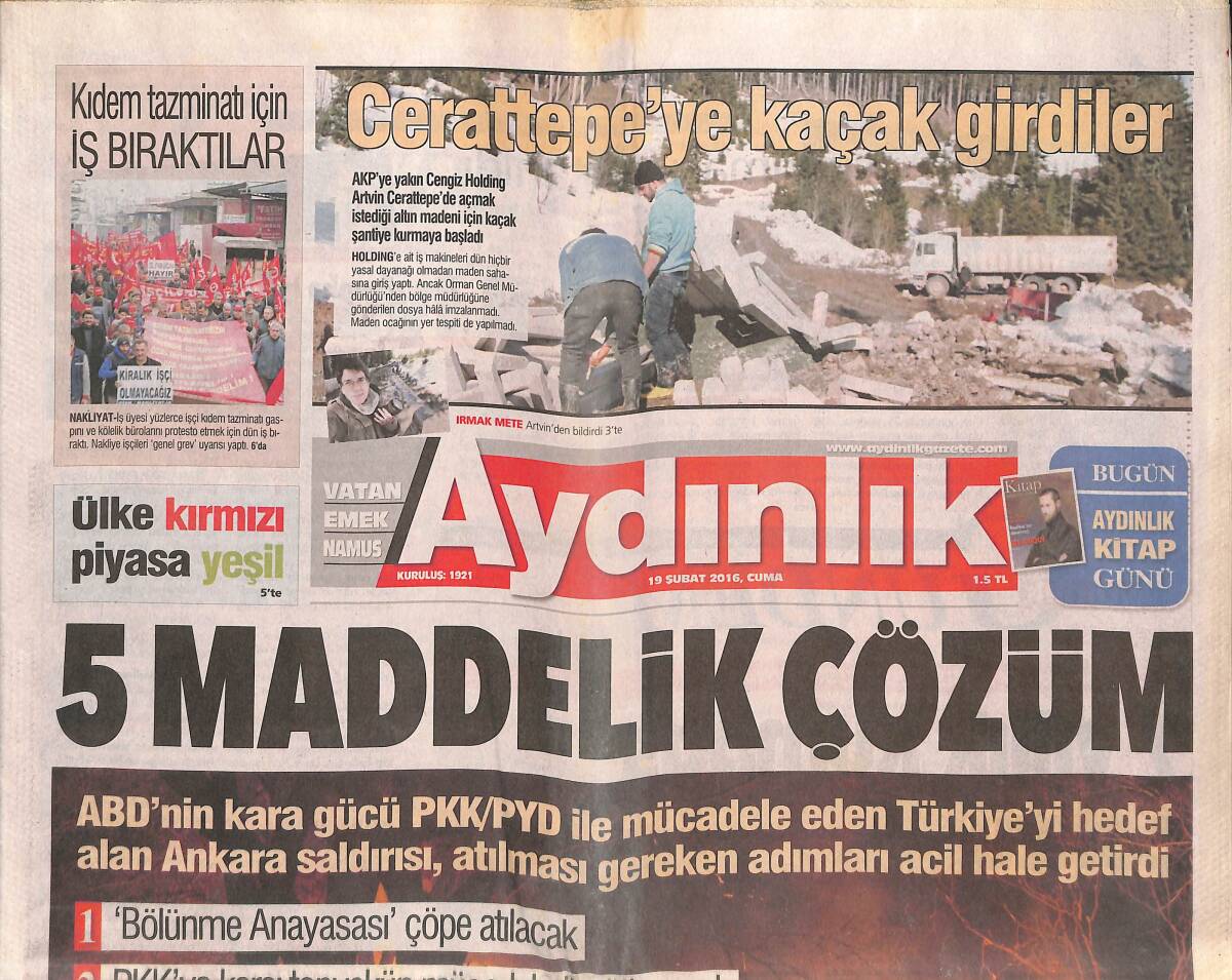 Aydınlık Gazetesi 19 Şubat 2016 - Cerattepe'ye Kaçak Girdiler - Messi'den 300. Gol GZ135439 - 1