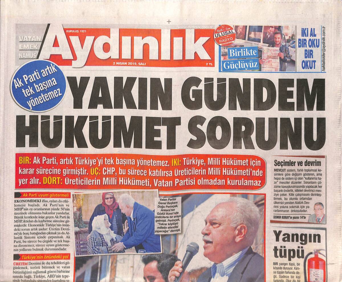 Aydınlık Gazetesi 2 Nisan 2019 - Yakın Gündem Hükümet Sorunu - Dünya Seçimi Krizden Döndü GZ135336 - 1
