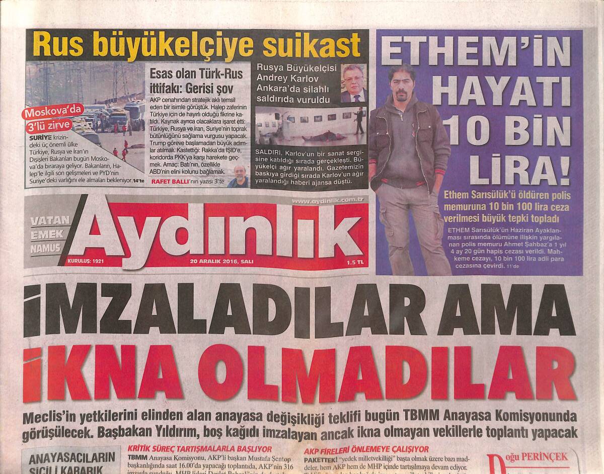 Aydınlık Gazetesi 20 Aralık 2016 - Rus Büyükelçiye Suikast - Avrupa Pkk'yı Hiç Yasaklamadı GZ135332 - 1