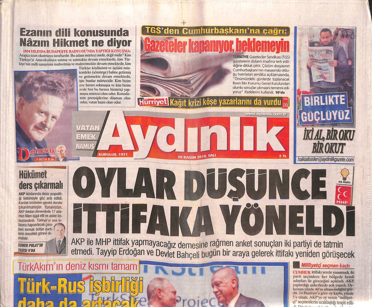 Aydınlık Gazetesi 20 Kasım 2018 - Türk-Rus İşbirliği Daha da Artacak - Millilerin Rakibi Ukrayna GZ135432 - 1