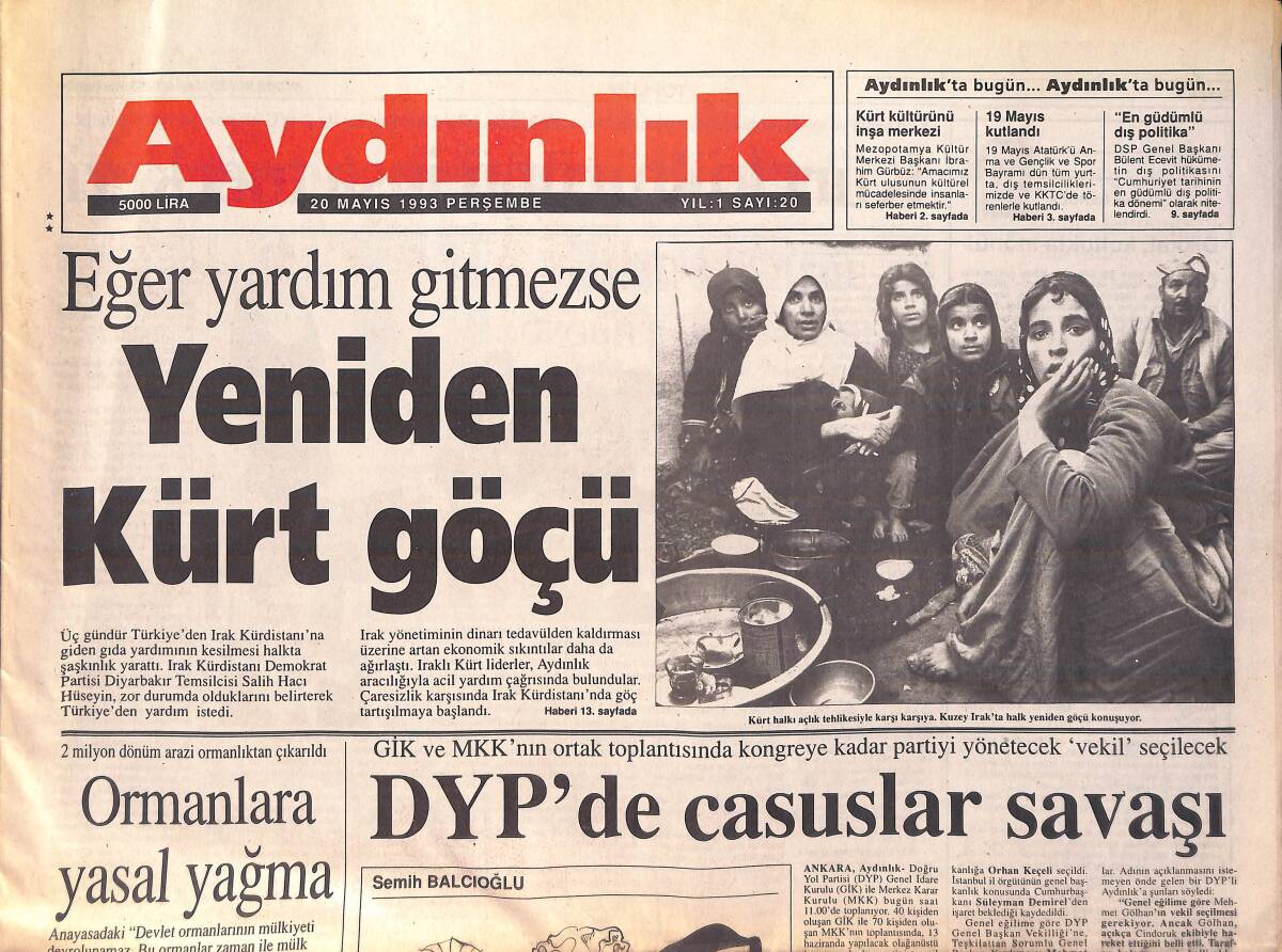 Aydınlık Gazetesi 20 Mayıs 1993 - Yeniden Kürt Göçü - Alevi Sünni Ortak Protestosu - Aşık Veysel Olacak O Kadar'da GZ156036 - 1