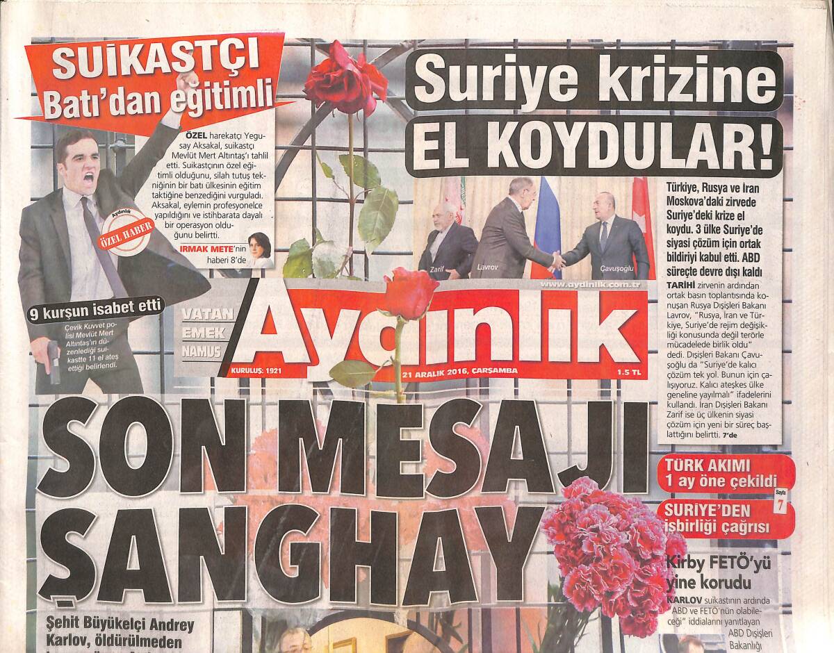 Aydınlık Gazetesi 21 Aralık 2016 - 'Bombalı Paket Komisyonda' - Son Mesajı Şanghay - Karanfiller Karlov İçin GZ135330 - 1