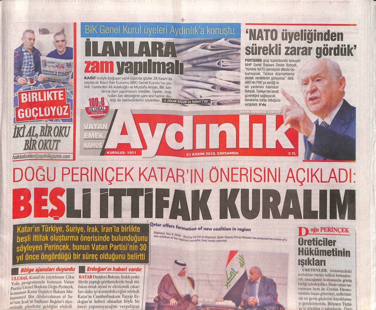 Aydınlık Gazetesi 21 Kasım 2018 - Öztürk Yılmaz İhraç Edildi - Doğu Perinçek Katar'ın Önerisini Açıkladı GZ135281 - 1