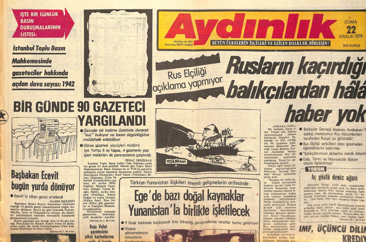 Aydınlık Gazetesi 22 Aralık 1978 - Rusların Kaçırdığı Balıkçılardan Hala Haber Yok - Malatya'da Faşistler İki Kişiyi Daha Öldürdü! GZ138641 - 1