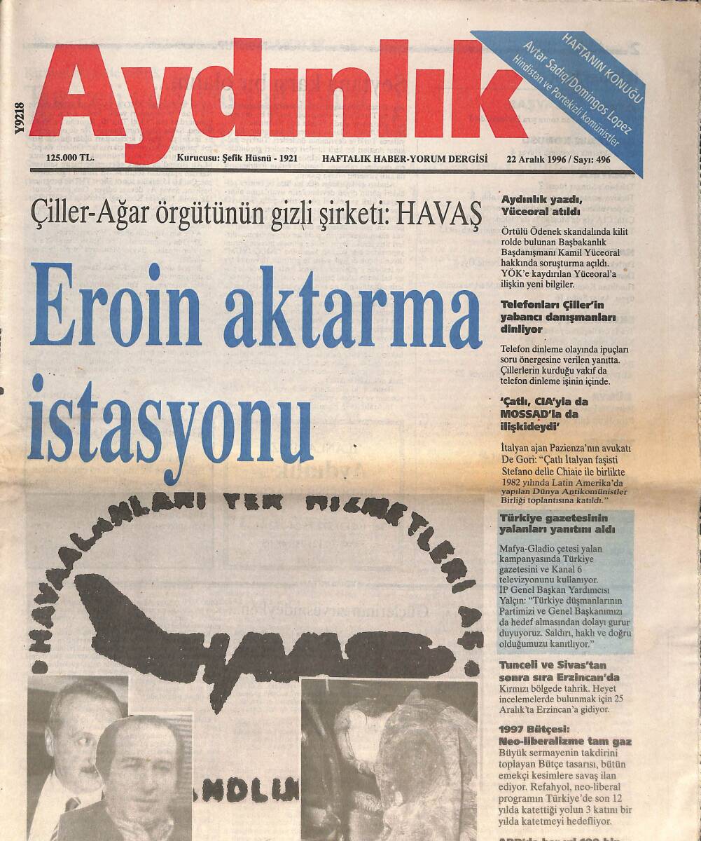 Aydınlık Gazetesi 22 Aralık 1996 - Çiller- Ağar Örgütünün Gizli Şirketi: Havaş - Havaşta Mücadele Süreci GZ137635 - 1