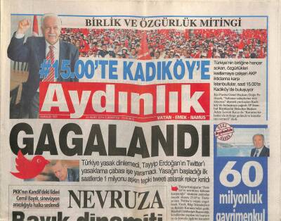 Aydınlık Gazetesi 22 Mart 2014 - PKKnın Kandildeki Lideri Cemil Bayık , Sinevizyon Aracılığıyla Halka Seslendi GZ94331 - 1