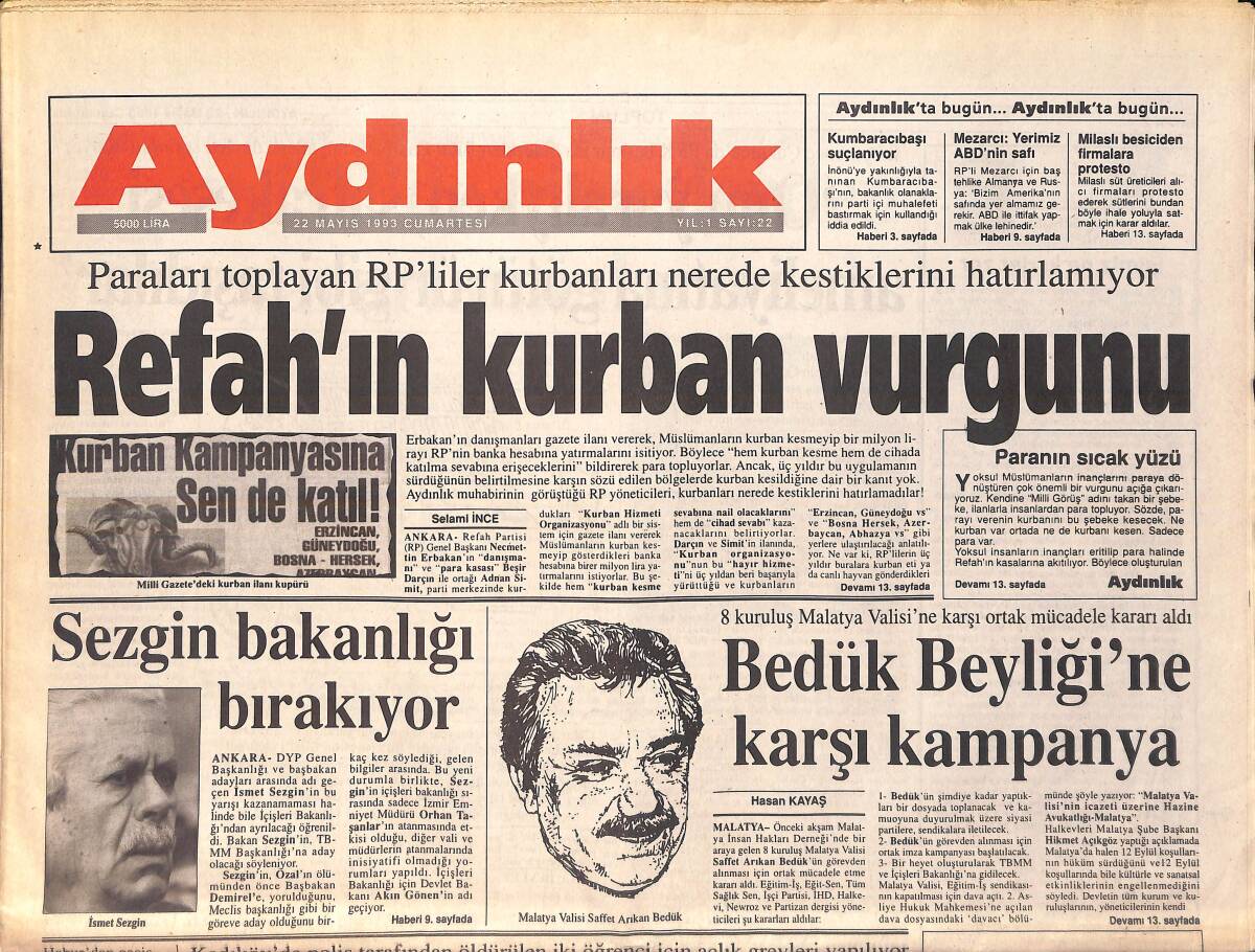 Aydınlık Gazetesi 22 Mayıs 1993 - Refah'ın Kurban Vurgunu - Fenerbahçe Başkanını Arıyor GZ156065 - 1