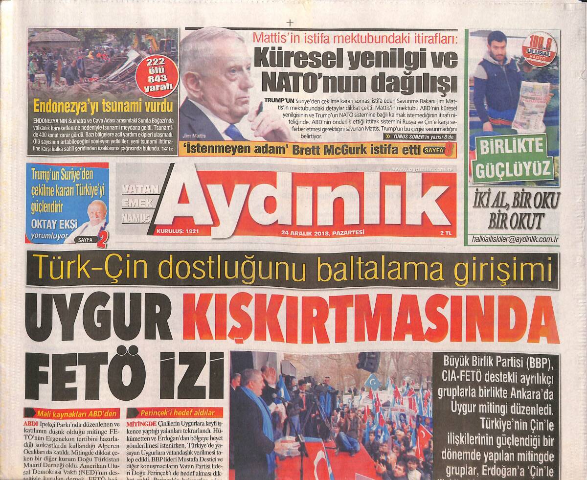 Aydınlık Gazetesi 24 Aralık 2018 - Uygur Kışkırtmasında Fetö İzi - Metin Akpınar Ve Müjdat Gezen'e Soruşturma GZ135347 - 1