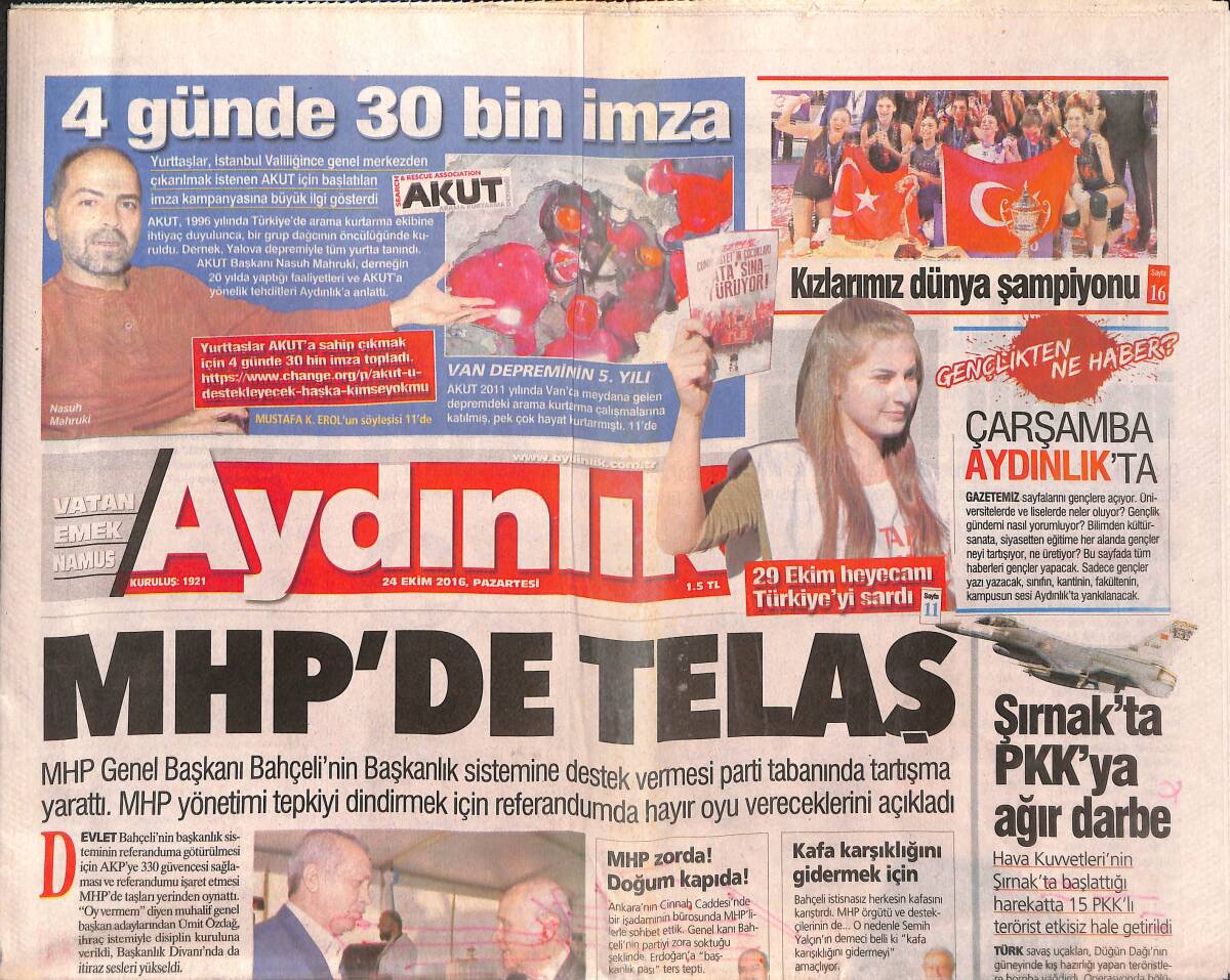 Aydınlık Gazetesi 24 Ekim 2016 - Işid Başika'da Vuruldu - Talat Paşa'ya Yeni Başkan GZ135404 - 1