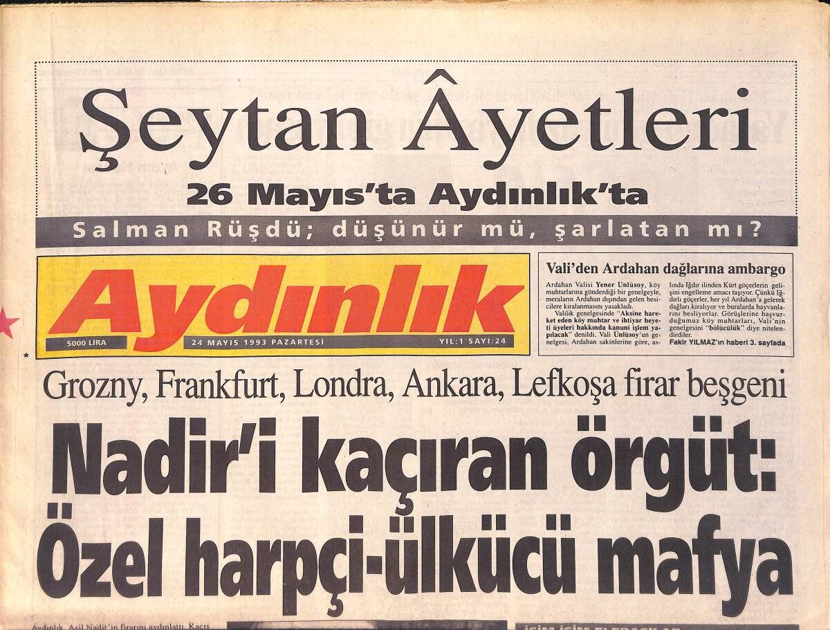 Aydınlık Gazetesi 24 Mayıs 1993 - Nadir'i Kaçıran Örgüt: Özel Harpçi Ülkücü Mafya GZ156067 - 1