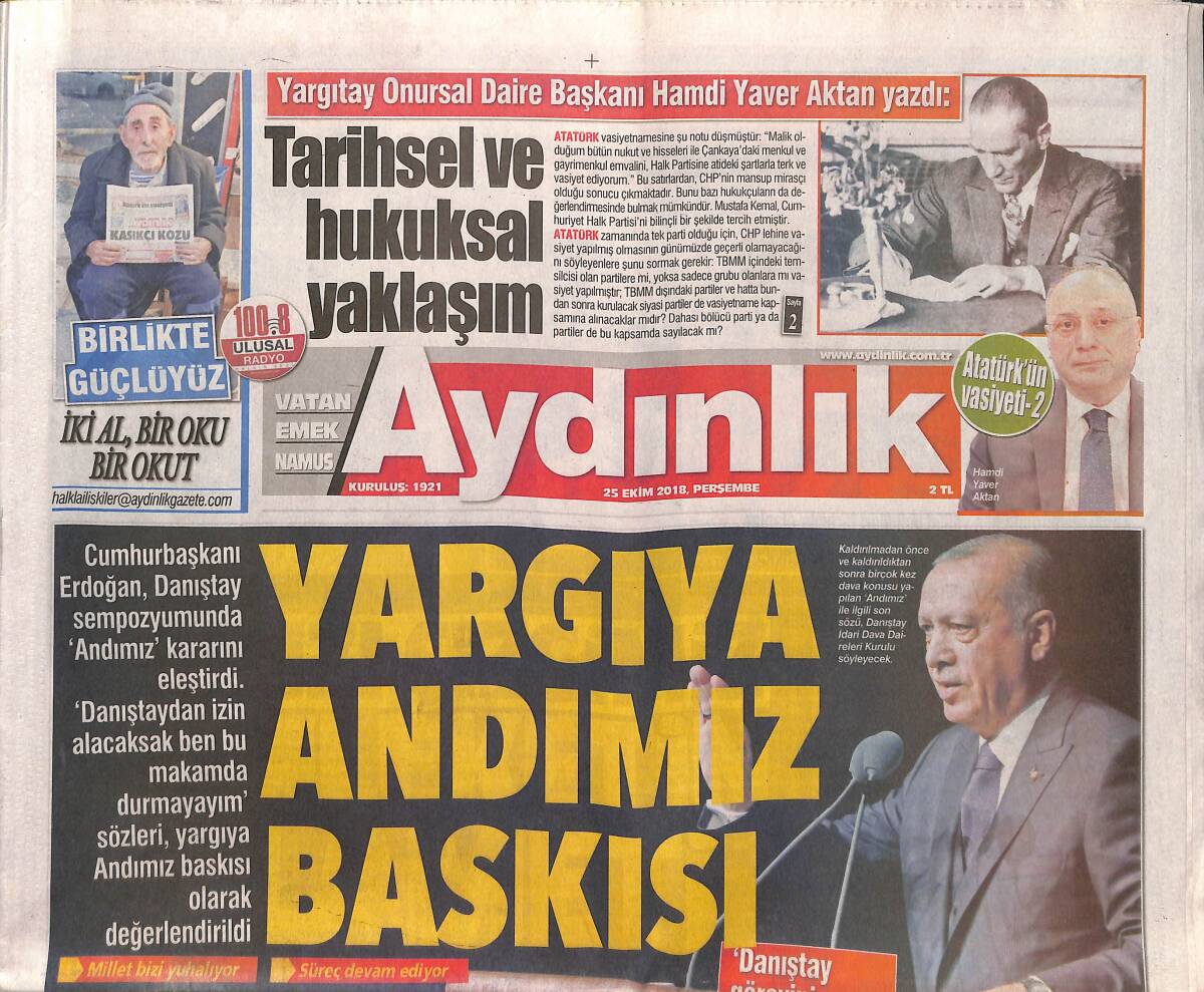 Aydınlık Gazetesi 25 Ekim 2018 - Yargıya Andımız Baskısı - Tarihsel Ve Hukuksal Yaklaşım GZ135343 - 1