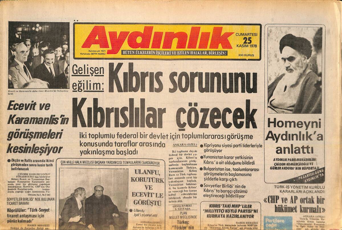 Aydınlık Gazetesi 25 Kasım 1978 - Kıbrıs Sorununu Kıbrıslılar Çözecek! - Ecevit Ve Karamanlis'in Görüşmeleri Kesinleşiyor GZ138608 - 1