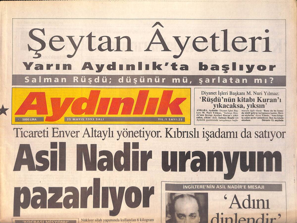 Aydınlık Gazetesi 25 Mayıs 1993 - Asil Nadir Uranyum Pazarlıyor - Yeni Yönetim Yeni Fenerbahçe GZ156047 - 1
