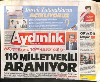 Aydınlık Gazetesi 26 Ağustos 2014 - Fatma Girikten Atatürke Mesaj - 110 Milletvekili Aranıyor GZ98298 - 1