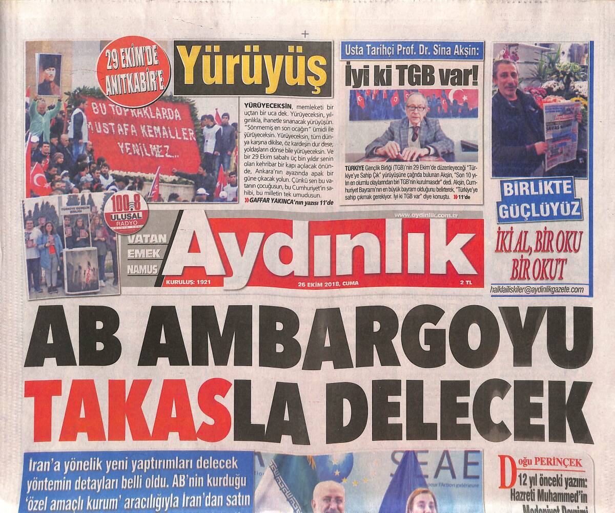 Aydınlık Gazetesi 26 Ekim 2018 - Fatih Terim , Kadro Kurmakta Zorlanıyor - AB Ambargoyu Takasla Delecek GZ135285 - 1