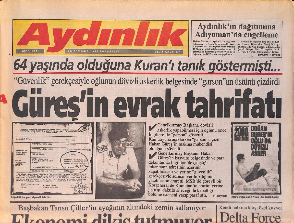 Aydınlık Gazetesi 26 Temmuz 1993 - Michael Jordan Basketbol Devlerini Teker Teker Yeniyor - Çiller'in Küçük Oğluna 15 Kişilik Koruma GZ156050 - 1