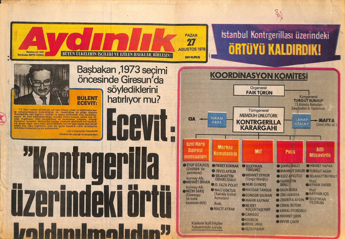 Aydınlık Gazetesi 27 Ağustos 1978 - Ecevit: Kontrgerilla Üzerindeki Örtü Kaldırılmalıdır! - Büyük Taaruz'un 56. Yılı Kutllandı GZ138299 - 1