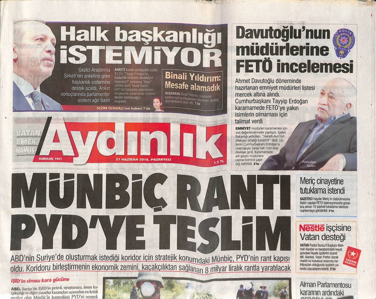 Aydınlık Gazetesi 27 Haziran 2016 - Halk Başkanlığı İstemiyor - Süprize Griezmann Engeli GZ135459 - 1
