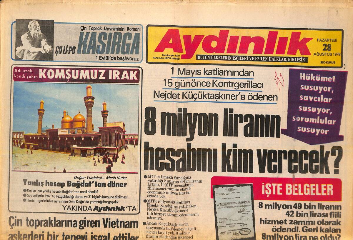 Aydınlık Gazetesi 28 Ağustos 1978 - 8 Milyon Liranın Hesabını Kim Verecek? - İçişleri Bakanlığındaki Zindan! GZ138601 - 1