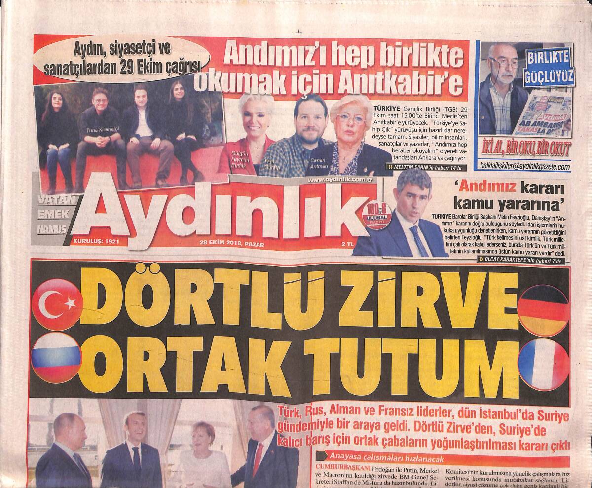 Aydınlık Gazetesi 28 Ekim 2018 - Dört Liderden Sıcak Görüşme - Quaresma Depremi GZ135426 - 1