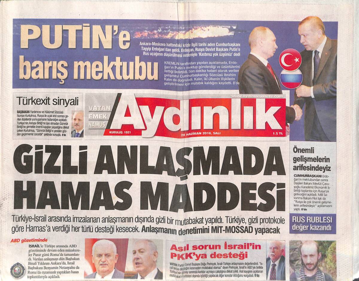 Aydınlık Gazetesi 28 Haziran 2016 - Gizli Anlaşmada Hamas Maddesi - Djokovic Hızlı Başladı GZ135460 - 1