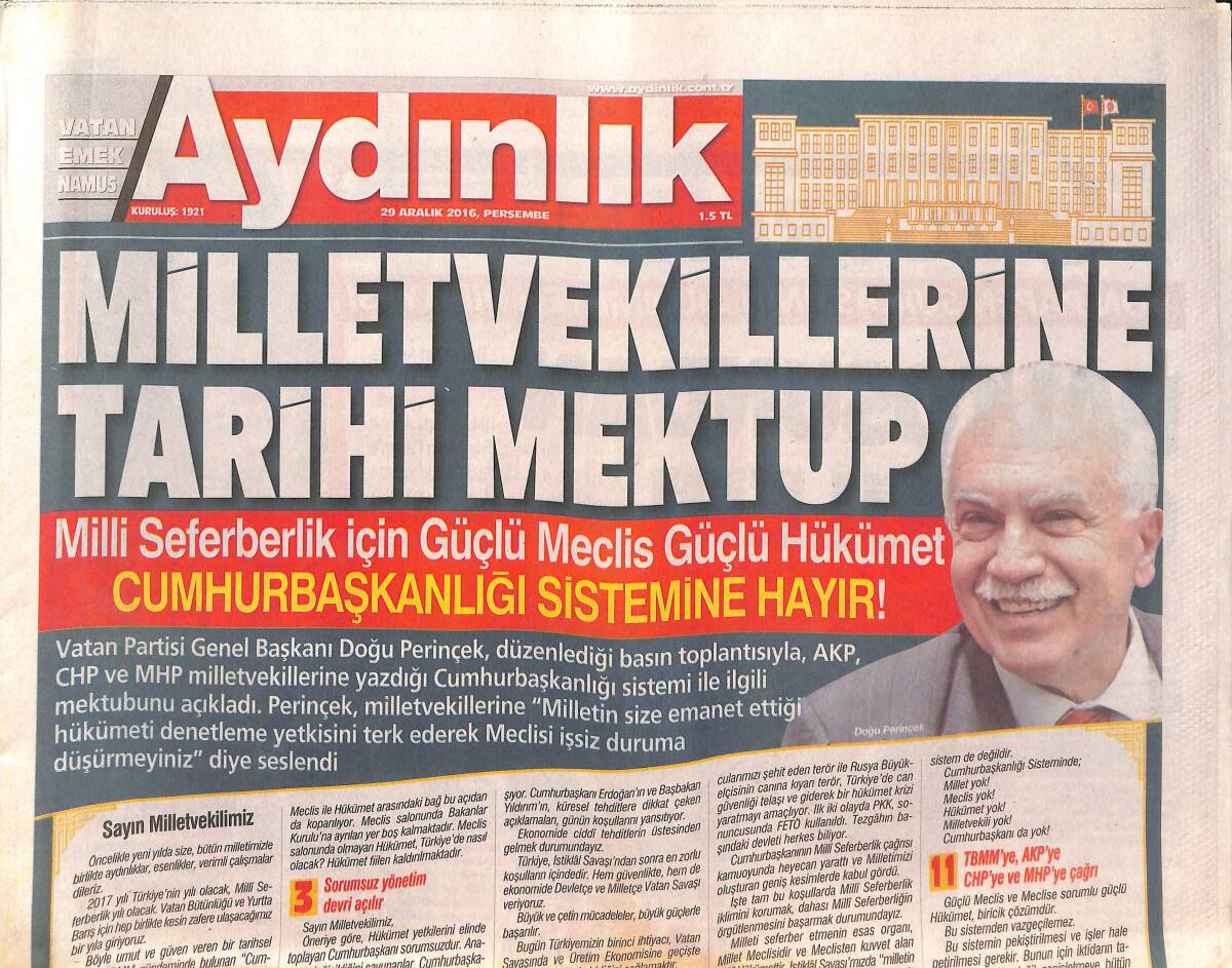 Aydınlık Gazetesi 29 Aralık 2016 - Milletvekillerine Tarihi Mektup - Von Papen Suikastinin Bilinmeyen Hikayesi GZ135331 - 1