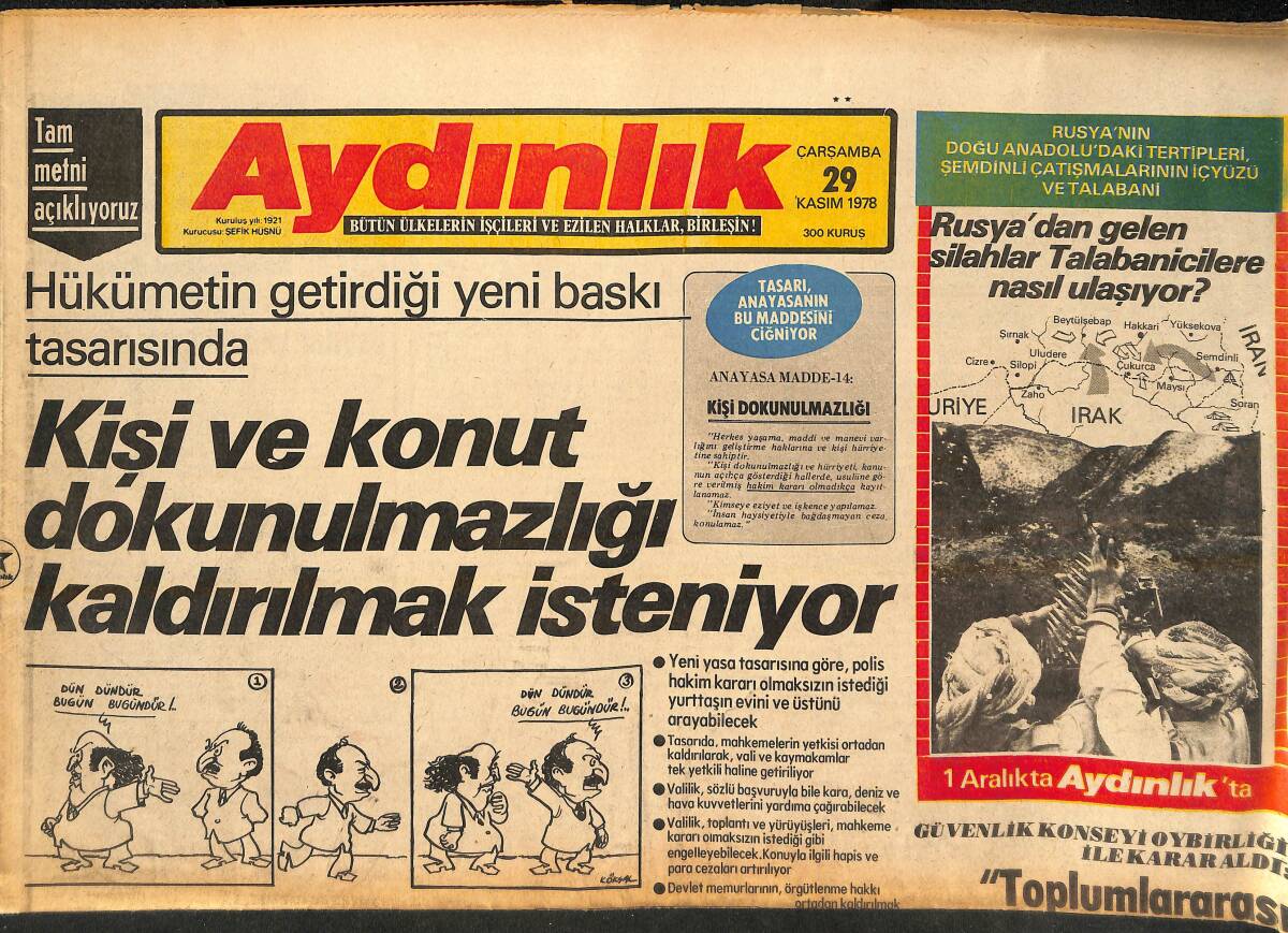 Aydınlık Gazetesi 29 Kasım 1978 - Kişi Ve Konut Dokunulmazlığı Kaldırılmak İsteniyor! - Mecliste Planla İlgili Çalışmalar Sona Erdi! GZ138612 - 1