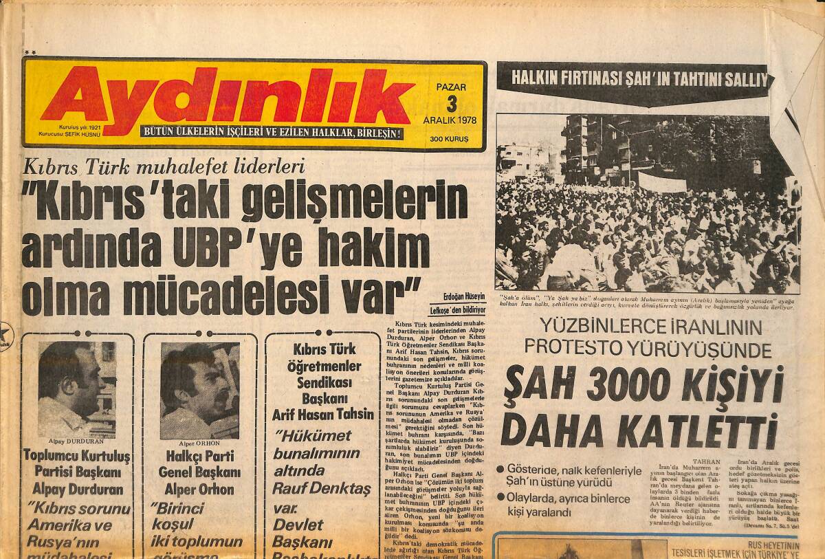 Aydınlık Gazetesi 3 Aralık 1978 - Şah 3000 Kişiyi Daha Katletti! - Ecevit Irak'ta Temaslarına Başladı! GZ138613 - 1