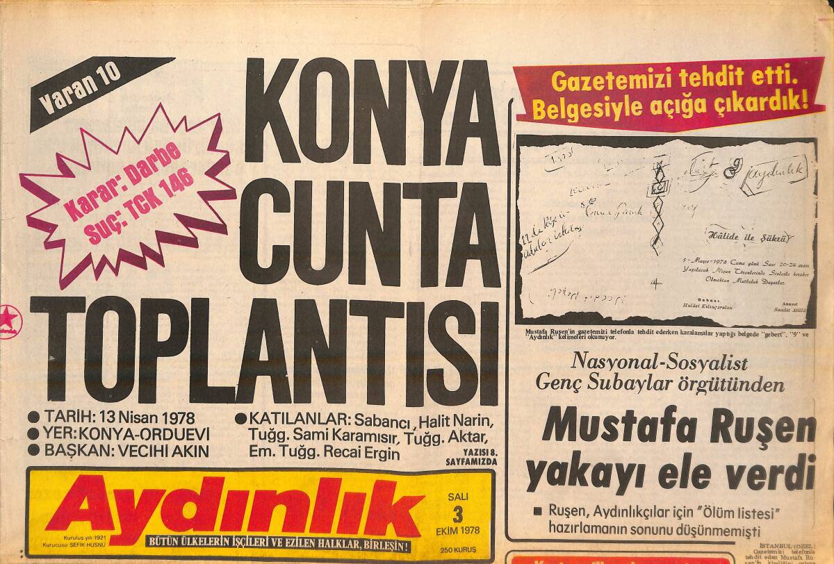 Aydınlık Gazetesi 3 Ekim 1978 - Mustafa Ruşen Yakayı Ele Verdi - MHP, Bütün Yetkilerin Orduya Devredilmesini İstedi! GZ138619 - 1