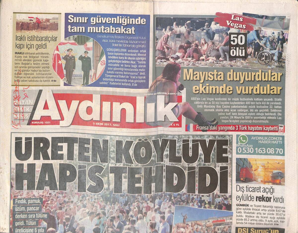 Aydınlık Gazetesi 3 Ekim 2017 - Üreten Köylüye Hapis Tehdidi - Eboue AIDS Oldu GZ135465 - 1