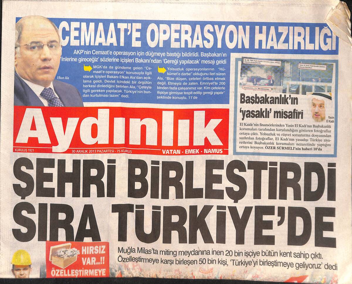 Aydınlık Gazetesi 30 Aralık 2013 - Cemaat'e Operasyon Hazırlığı - Kartal R.T.E Stadını İstemiyor! GZ136937 - 1