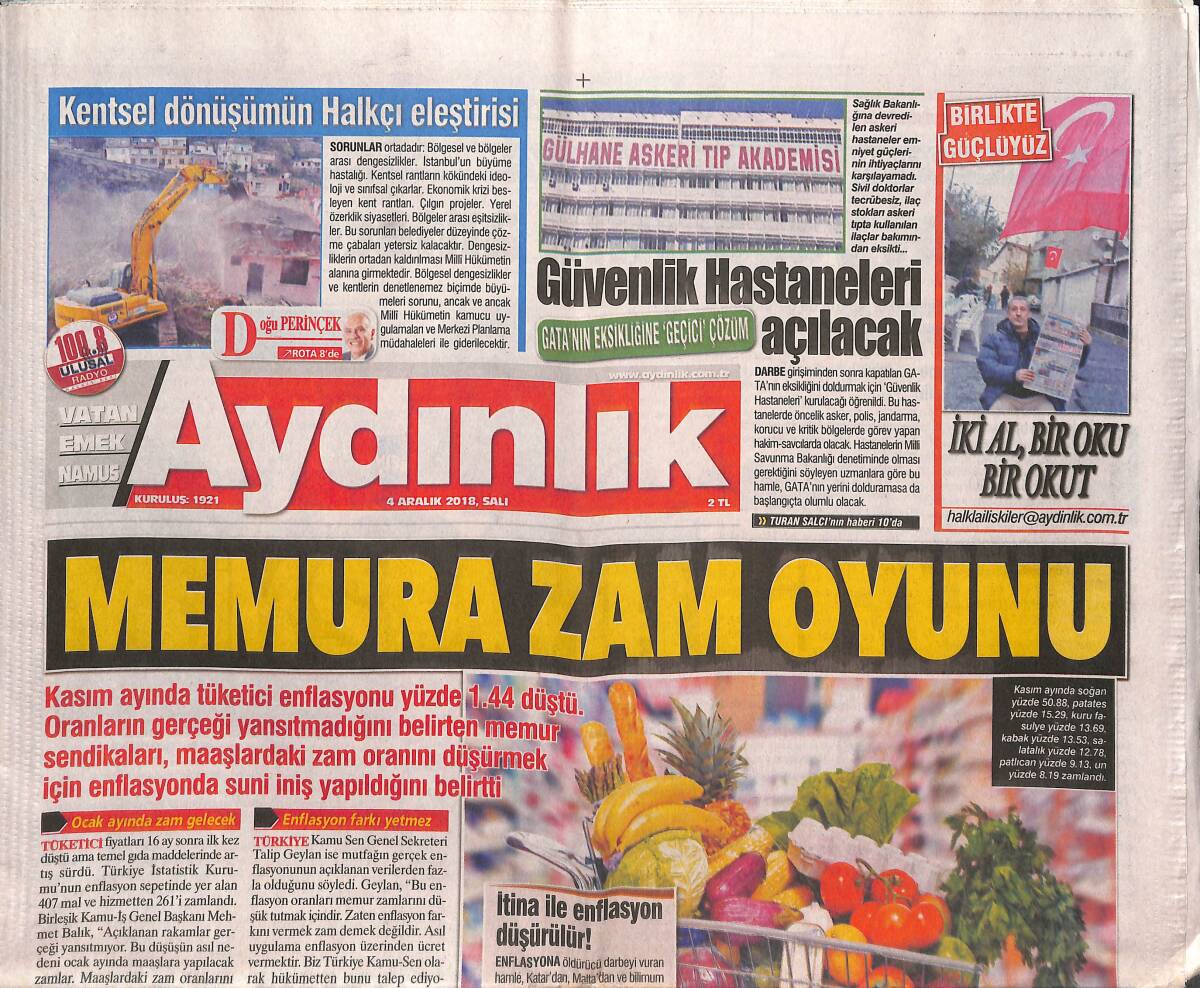 Aydınlık Gazetesi 4 Aralık 2018 - ABD'den Gelen 48 Suikast Silahı İstanbul'da Ele Geçirildi - Memura Zam Oyunu GZ135280 - 1