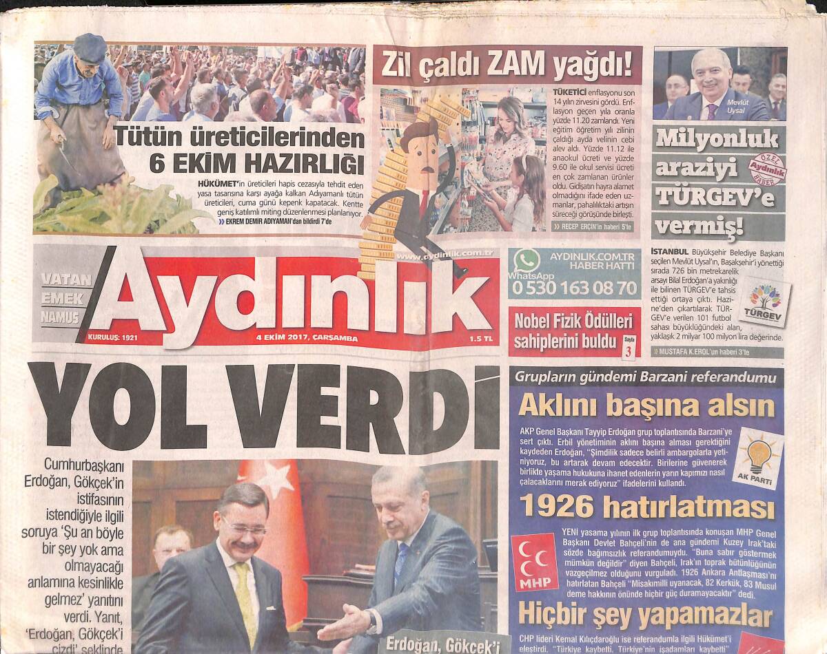 Aydınlık Gazetesi 4 Ekim 2017 - Uysal'dan TÜRGEV'e Büyük Arazi - Tolga Luce'nin Planlarını Bozdu GZ135424 - 1