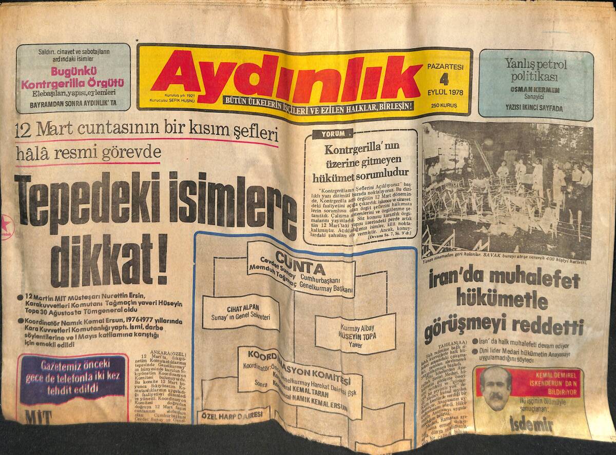Aydınlık Gazetesi 4 Eylül 1978 - Yüzbinlerce İsrailli İşgale Son Verilmesini İstedi - İran'da Muhalefet Hükümetle Görüşmeyi Reddetti GZ133319 - 1